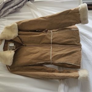Vintage leather coat with faux fur trim